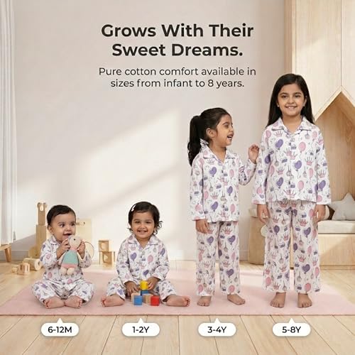 Image of The Mom Store Cotton Night Suit for Kids Boys and Girls | Breathable Night Dress for Kids Boys and Girls | Printed Pajama Set | All-Season Daily Use Sleepwear | Party, Pink | 6-12M | Pack of 2