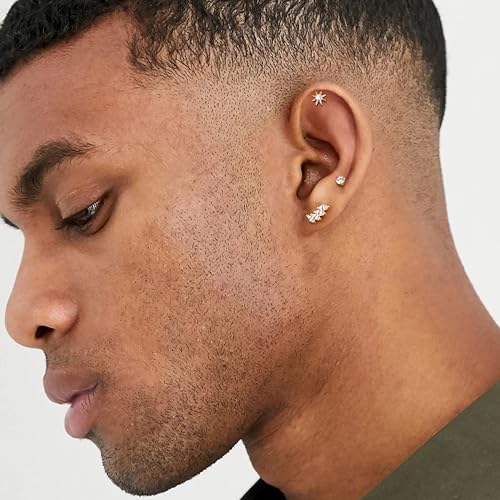 Dochais Flat Back Sterling Silver Earrings 14K Gold Plated Hypoallergenic Stud Earrings for Women Men Tragus Helix Piercing Jewelry Small Cubic Zirconia Cartilage Earring Sets4