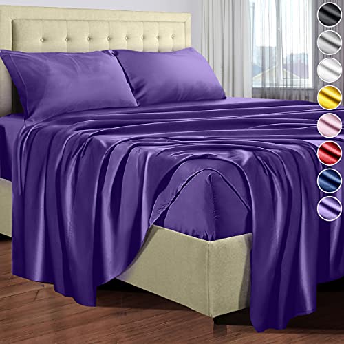 Satin Sheets Full Size Bed (4 Pieces, 8 Colors), Silky Satin Sheet Set -Satin Bed Set with 2 Pillowcase, Satin Fitted Sheet - Purple Satin Sheets, Satin Bed Sheets Full, Satin Bedding Set