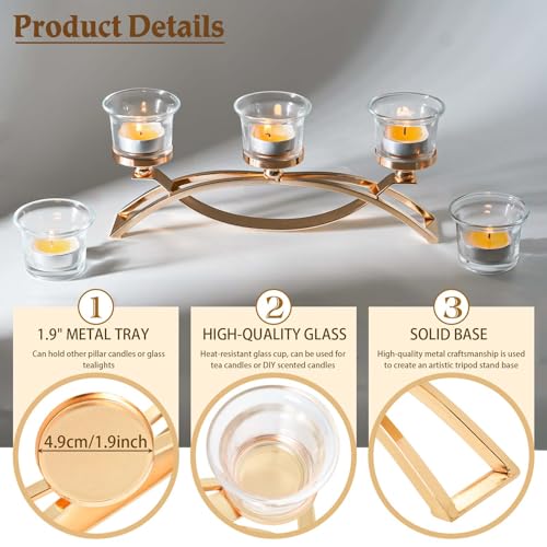 Gold 3-Arm Metal Tea Light Candle Holder Set with 5 Glass Cups, Votive Candle Holders Centerpiece Candelabra for Wedding Table Decor, Home Gatherings and Holidays - Image 5