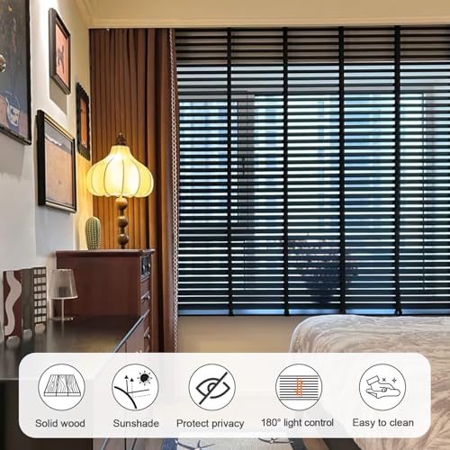 2" Slats Black Wood Blinds for Indoor Windows, Custom Wood Window Blinds, Wooden Venetian Horizontal Blinds & Shades for Indoor Windows, Office, Living Room, Bedroom