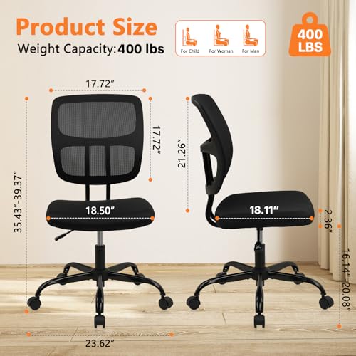 Image of CLATINA Armless Home Office Chair, Small Ergonomic Mesh Back Desk Chair with Lumbar Support and Wheels, Adjustable Height 360 Swivel Rolling Computer Chair for Conference Waiting, Black, 2Pack