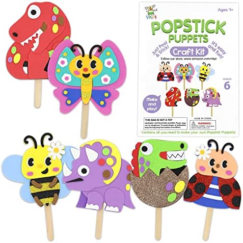 VKPI Make 6 Popstick Puppets Craft Kits for Kids, Foam Art Crafts Gift, Story Time Toys for Ages 4+ Toddler, Dinosaurs, Butterfly, Bees, Preschool Projects Game Crafts, Birthday Party Favor Supplies