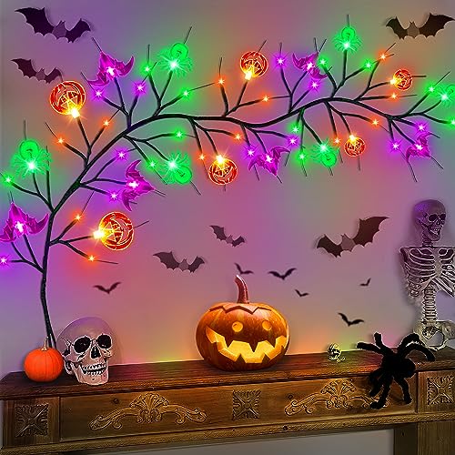[Timer] Lights 6 FT 54 LED Halloween Decor Willow Vine With Pumpkin Bat Spider Light, 8 Modes Battery Operated Garland Spooky Decorations Indoor Outdoor Home Wall Table