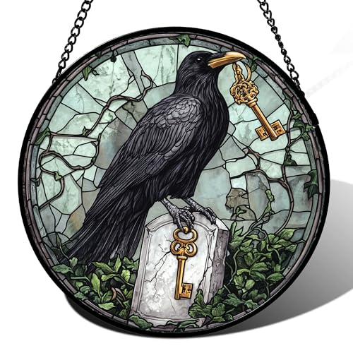 Image of Stained Glass Window Hanging - Halloween Crow Holding A Key Suncatcher for Doors Garden Home Spooky Green Vines Sun Catchers Gothic Decor Horror Gift for Women Men Friend Boy Girl 15 in