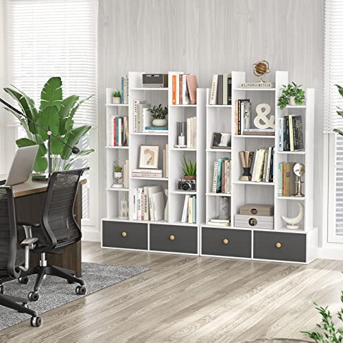 Unikito Bookshelf With 2 Drawers Free Standing Bookcase, Office Storage Shelf Organizer With 12 Open Bookshelves, Industrial Wood Book Case Display Rack For Bedroom, Living Room, Home Office, White #TOP4