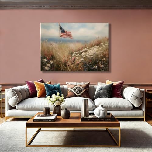 Image of RIBNTAK Vintage American Flag Canvas Wall Art, Rustic Field Landscape Artwork Print for 4th of July Decorations, Patriotic Decor Collection Perfect for Independence Day Bedroom Home Decor