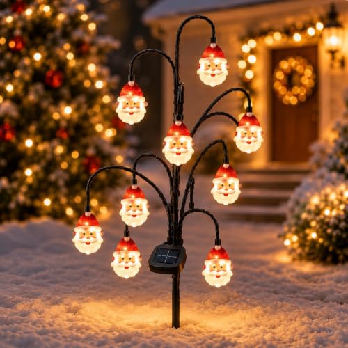 Christmas Solar Tree Stake Lights, 5 Styles Outdoor Yard Decor, Solar Twinkling Lighted Garden Stake & Holiday Ornaments Decor for Pathways, Porch & Front Door & Star Sets(Santa)