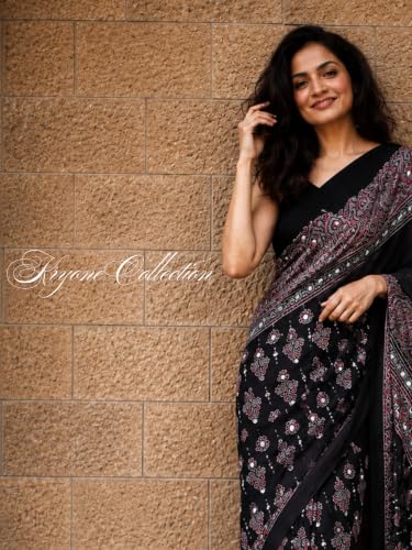 Image of Ajrakh Modal Silk Saree for Women | Mirror Work Black Saree | Gajji Silk Red Pallu Tassels | Designer Sarees for Women Party | Ajrakh Print Saree | Modal Silk Sarees Original