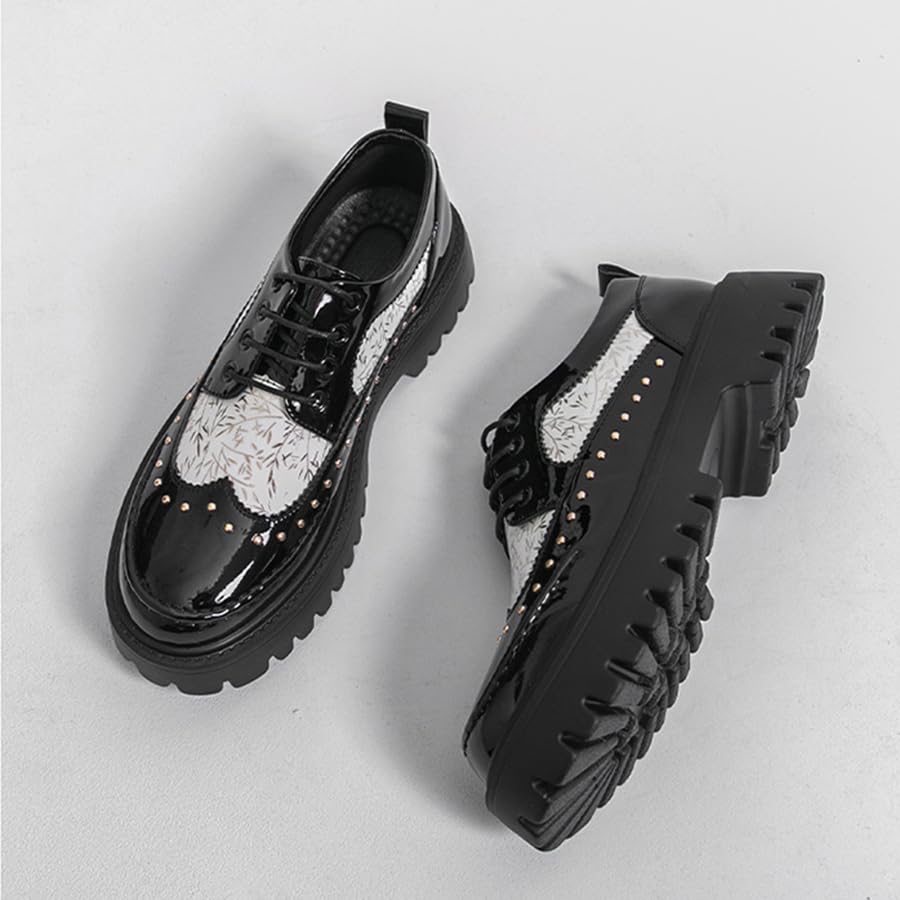 Image of Men's Patent Leather Platform Dress Shoes Classic Round Toe Thick Lug Sole Lace Up Oxfords Comfort Block Heel Derby Business Casual Shoes