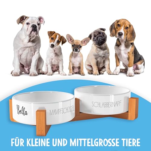 OWLBOOK Schlabbernapf Mampfschüssel Futternapf personalisiert Hundenapf mit Namen oder Wunschtext Doppelnapf aus Keramik mit Bambus Gestell Futternapf Napf Wassernapf Keramik, Bambus 300 ml