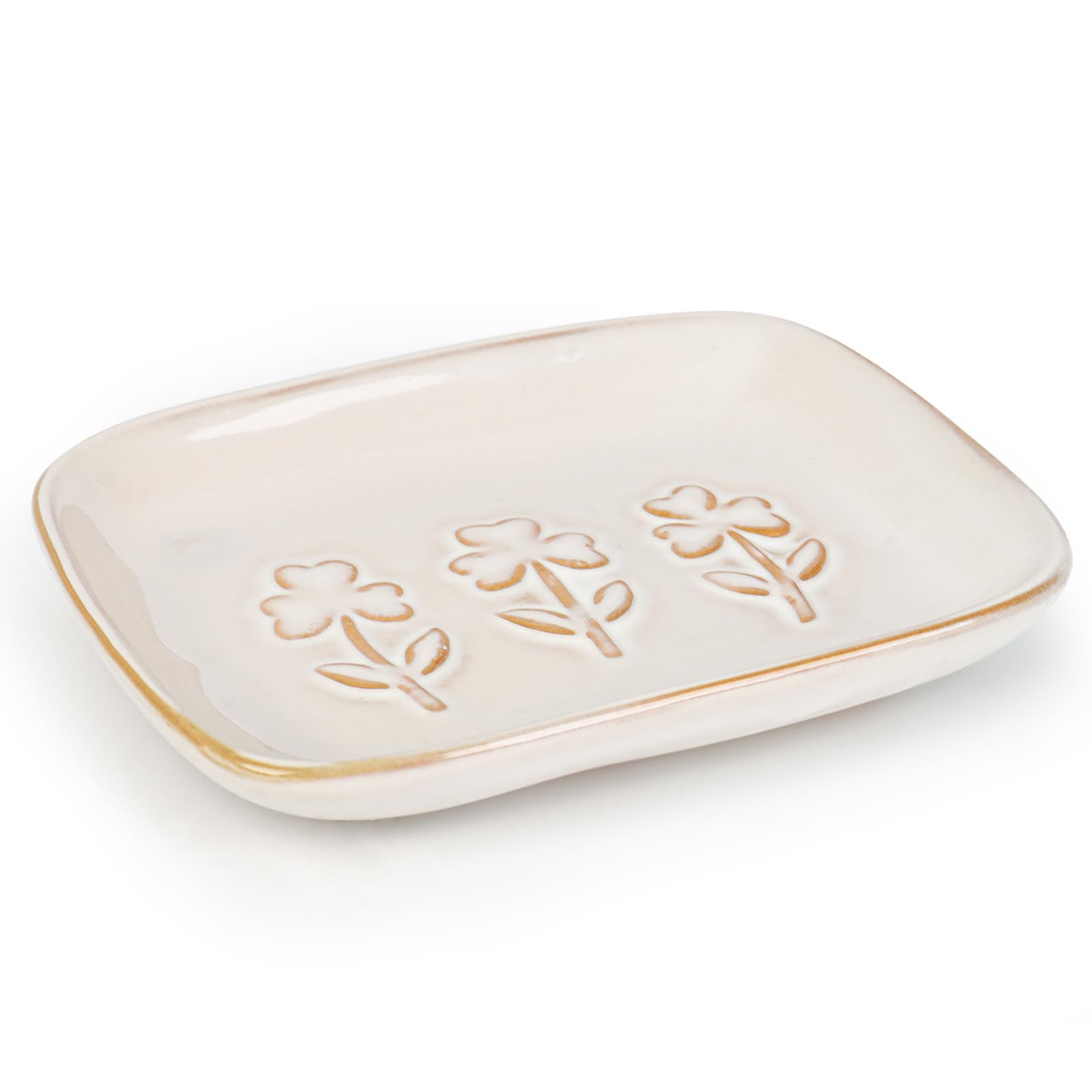 Ceramic Soap Dish, Soap Holder for Bathroom Shower & Kitchen, Anti-Slip Soap Tray with Raised Floral Pattern, Waterproof Glazed Dish Keeps Soap Dry, Easy to Clean