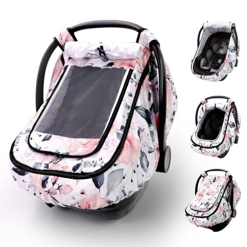 Sweetwavet Car Seat Cover Baby Girls, Infant Car Seat Canopy Outdoor, 2 Layers with Mesh and Sun Shade Window for Summer Winter, Easy Access Carseat...