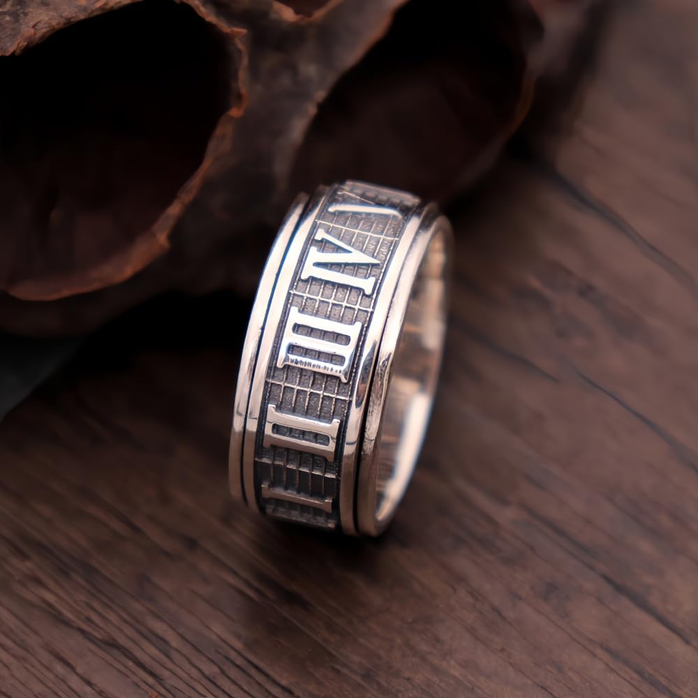 ForFox Vintage 925 Sterling Silber Römischen Zahlen Ring Spinner Fidget Anxiety Ring für Herren Damen Größe 53-64