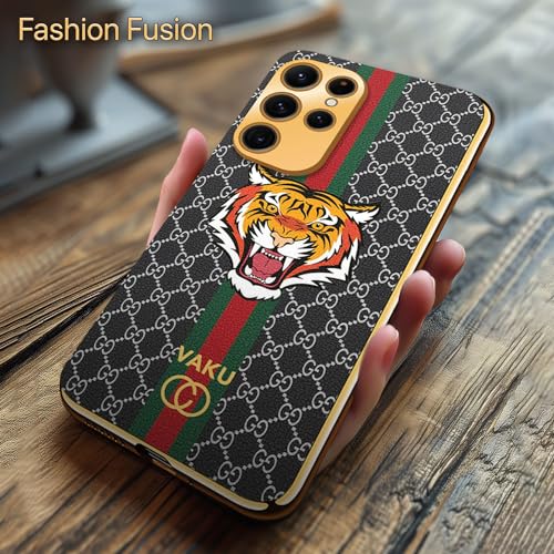 Image of Vaku Luxos Lynx Design Back Cover for Samsung Galaxy S23 Ultra with Leather Pattern Gold Electroplated Soft TPU Cover Shockproof Protective Case - Black
