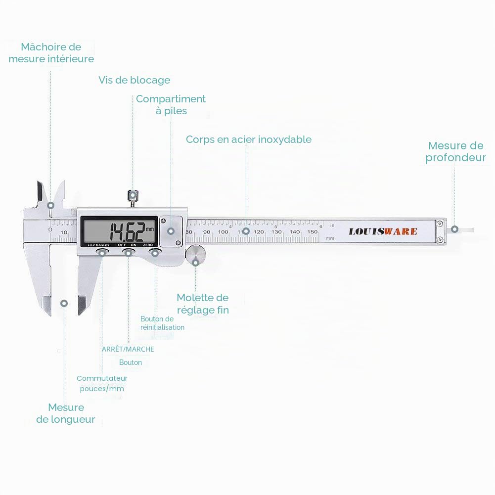 Pied à coulisse électronique numérique Rosimo en acier inoxydable 150 mm Outils de mesure avec écran LCD extra-large Conversion pouces/métrique