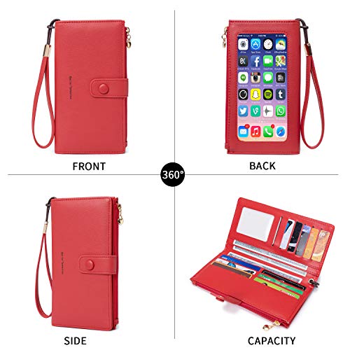 Image of myfriday Touch Screen RFID Phone Crossbody Purse with 2 Straps for Women | Clear phone window, RFID card space, 11 slots and zip pockets support quick calls, errands, theme parks and travel
