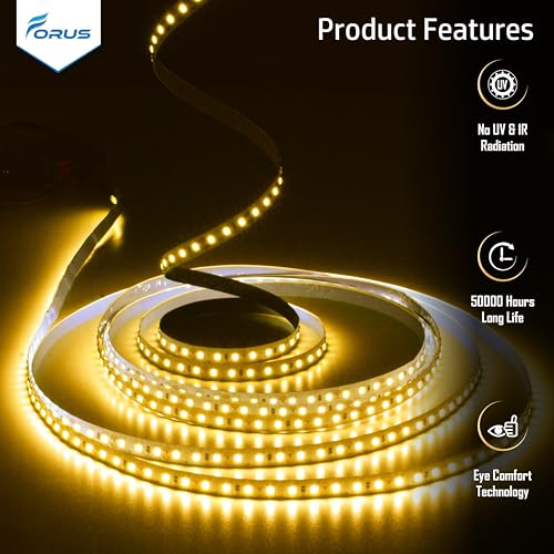 Image of Forus 5 Meter (5M) 8mm Yellow LED Strip Light, 120 LEDs /M Plug & Play Flexible Lighting for Home Decor, False Ceiling, Kitchen, Pooja Room, Mirror, Stairs, Adapter Included, 2-Year Warranty