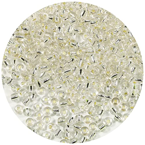 Bala&Fillic Contas de sementes prateadas transparentes de 4 mm, cerca de 1200 unidades / 100 gramas em bolsa, 6/0 contas de vidro para fazer pulseiras e colares (forro prateado