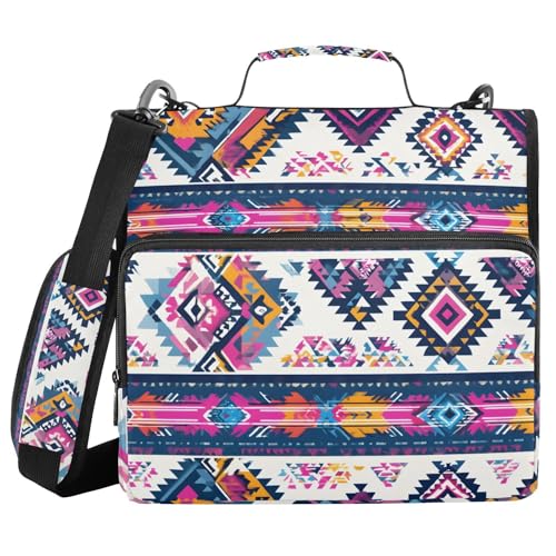 Image of 3 Ring Zipper Binder with Shoulder Strap Purple Ethic Aztec Geometric 1.5 inch Binders Keeper Large Capacity Multi Pockets for School Office Supplies