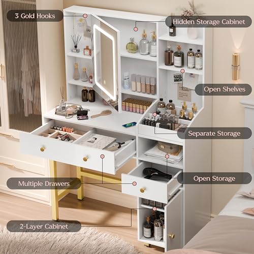 Xilingol Vanity Desk with Mirror and Lights, Makeup Vanity Desk with Lights in 3 Colors, White and Gold Vanity with Charging Station, Makeup Table with 3 Storage Compartments, White