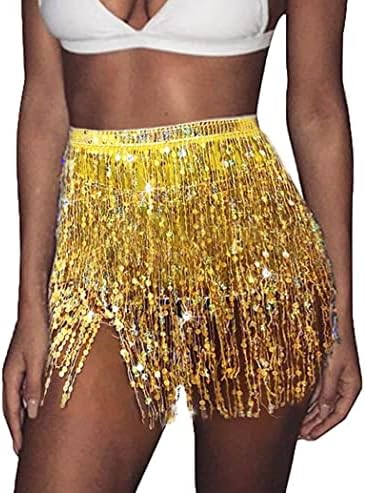 TWINKLEDE Boho Fringe Skirt Sequin Tassel Belly Dance Hip Scarf Rave Party Skirts Belts for Women and Girls (E Gold)