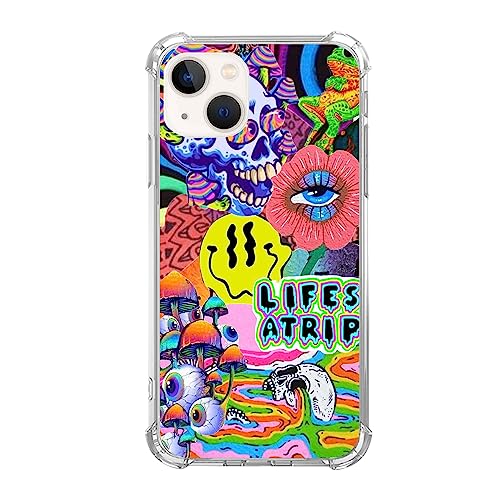 Rewput Custodia per telefono hippie psichedelico collage per iPhone 15, trippy, fiore fungo, teschio, sorriso, cover per donne, uomini, ragazze ragazzi, design alla moda in TPU custodia paraurti per