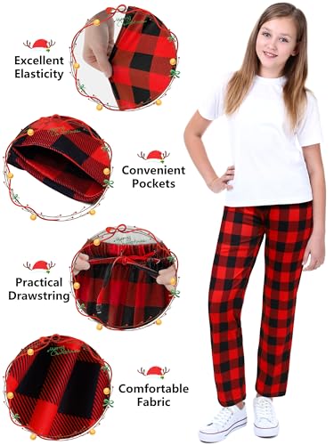 Cooraby 4 Pack Boys Girls Plaid Pants with Pockets Printed Plaid Pants with Elastic Waist Drawstring for Christmas Daily Wear2