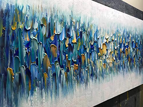 Amei Art Paintings,24X48Inch 3D Hand Painted On Canvas Teal Blue Rhapsody Abstract Paintings Seascape Artwork Simple Modern Home Decor Textured Oil Painting Stretched And Framed Ready To Hang #TOP4