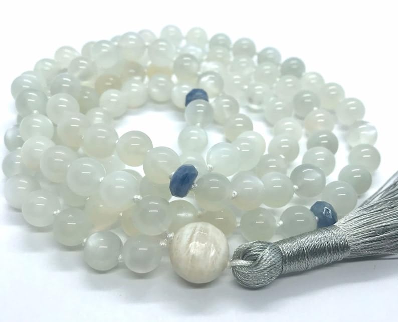 Naturalny biały błyszczący mleczny kamień księżycowy, cyjanit 8–12 mm 108 koralików mala, duchowe, koraliki do medytacji, Reiki, Japa Mala, buddyjskie koraliki modlitewne, bransoletka do jogi,