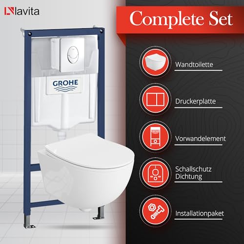 LAVITA Vorwandelement Solido Start + Wand Hänge WC Brava Weiß Spülrandlos + + WC Sitz mit Absenkautomatik Verchromter Knopf Komplettset Unterputz Spülkasten Toilette Komplett Sett WC – Bild 4