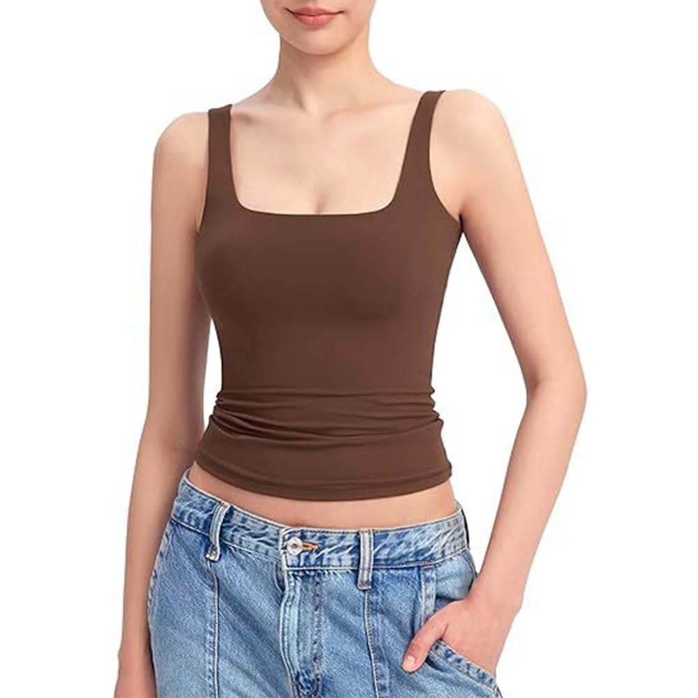 VPVLVZN Womens Square Neck Tank Top Sleeveless Double Lined Basic Cropped Tank Tops Knit Ribbed Tank (Coffee,X-Large)