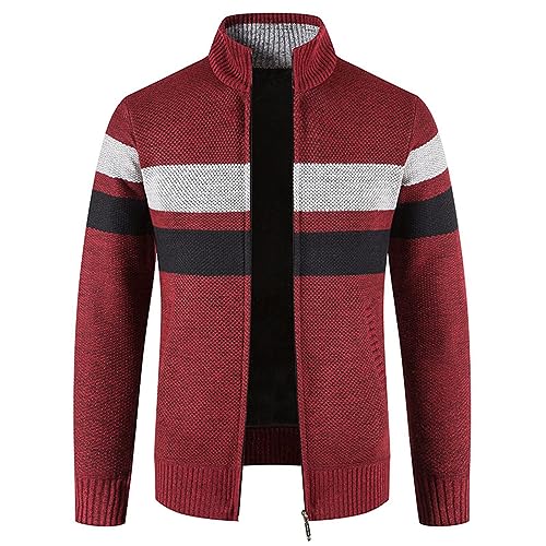 evzosrz Mens Casual Cardigan Sweater Long Sleeve Striped Full Zip Warm Loose Fit Winter Cable Knitted with Zipper Pocket2