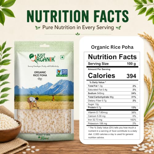Image of Just Organik - Organic Rice Poha 500 g, certified Organic | Chiwda | Indori poha | Healthy breakfast | Atukula |