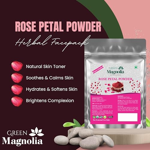 Image of Green Magnolia Pure & Natural Rose Petal Powder for Face & Skin No Chemicals No Artificial Color Ideal For Skin Refreshing Cleansing & Glow (200gm)