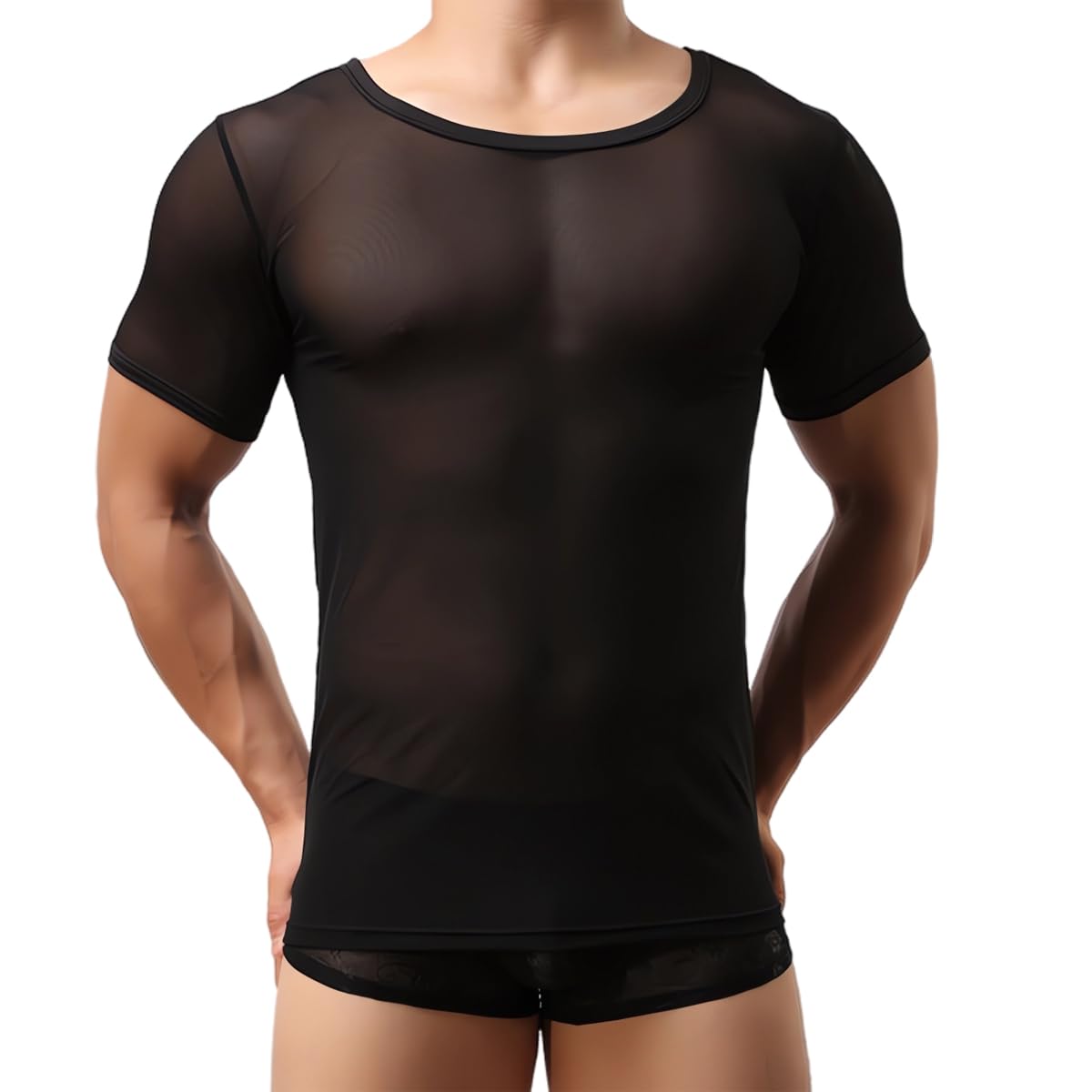 Samheng Men's Black Mesh T-Shirt, Sexy See Through Short Sleeve Tank Top For Breathable Tight Quick Dry Undershirts For Workout, Crew Neck Mesh Crop Top Transparent T-Shirts For Party Rave Disco Clubwear