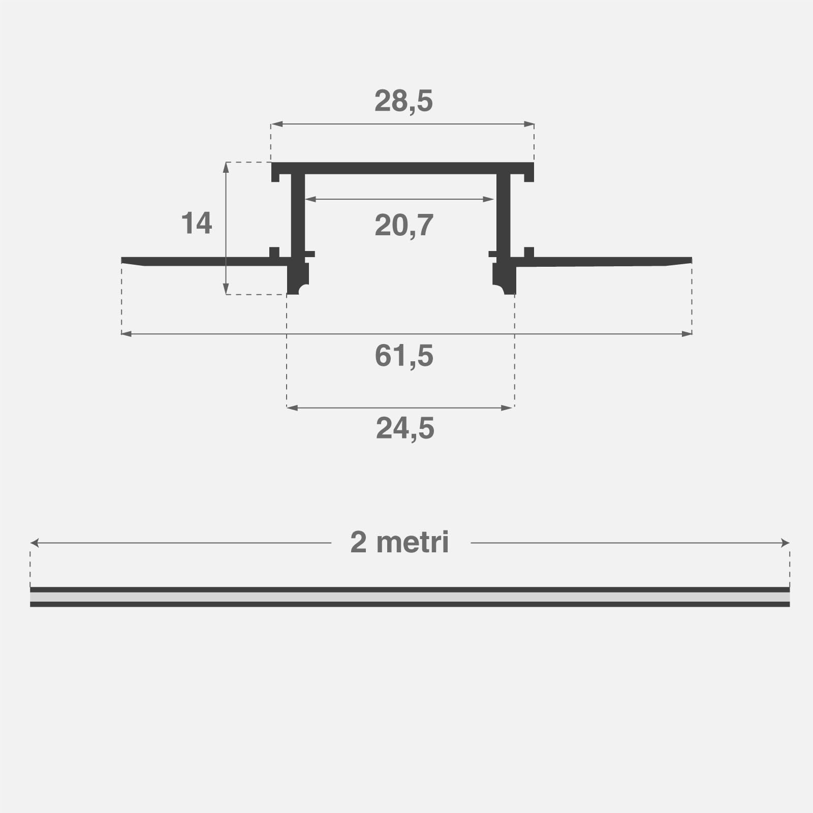 5x Profili da 2m (10mt) a Scomparsa in Alluminio per Strisce LED Schermatura Opaca ingombro max striscia led 20.7mm - 28.5 x 14 (alette 61.5)
