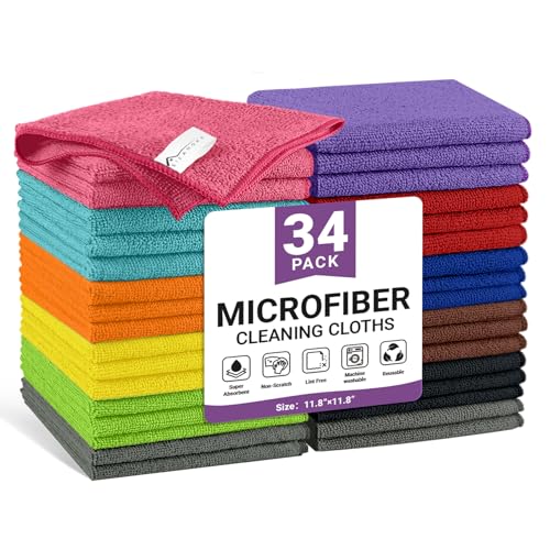 Image of 34 Pack Microfiber Cleaning Cloth, 11 Assorted Colors Cleaning Rags for Housekeeping, Colorful Reusable Microfiber Towels for Car, Kitchen, Bathroom and Household Cleaning Supplies, 11.8 inchX11.8 inch