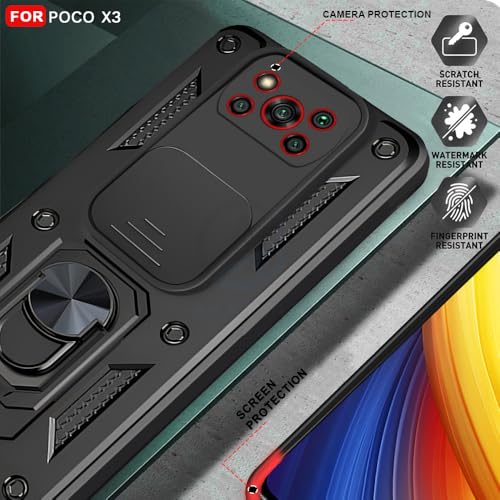 Image of AESTMO Tough Armor Case for Poco X3 / X3 Pro / X3 NFC | Black, Polycarbonate, Rugged /Tough, Ring Holder, Sliding Camera Shield, in-Built Stand, Magnetic Car Holder Compatibility