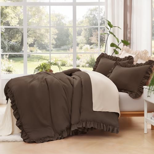 Image of Litanika Brown Twin Size Comforter Sets, 2 Pieces Ruffle Farmhouse Aesthetic Bedding Comforter Sets, All Season Soft Lightweight Fluffy Microfiber Bed Set(66x90In Comforter, 1 Pillowcase)