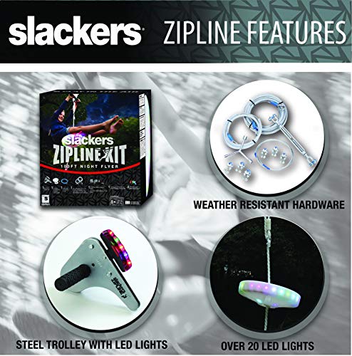 Slackers 100 Ft Led Night Riderz Series Zipline Kit - Kids Zip Line Kit With Safety Zipspring Brake & Zip-Quick Ratchet System - Great Zipline Kit For Kids And Teens - Recommended Ages 8+ #TOP1