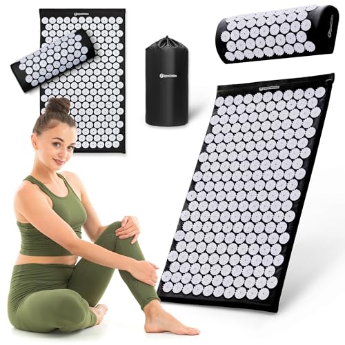 HyperMotion Akupressurmatte mit Kissen - Akupunktur Matte - Massagematte Ganzkörpermassage und Regeneration, Akupressurmatte Set für Entspannung Schwarz-Weiß, 72 x 42 x 2 cm