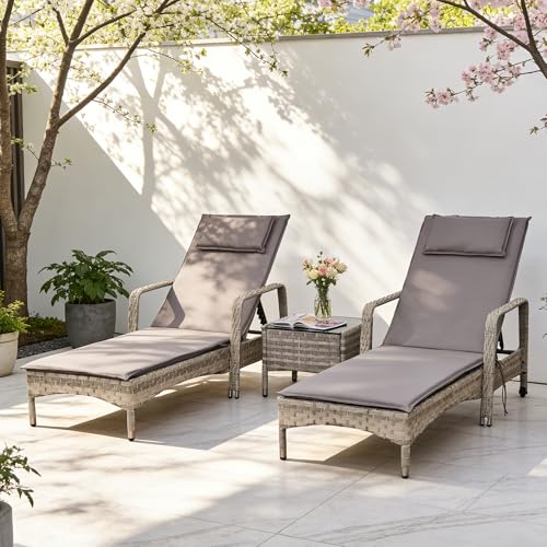 Aweather 3 Pieces Outdoor Garden Furniture Set Rattan Patio Sun Loungers 2 Chaise Lounges with 5 Reclining Positions & Glass Coffee Table Weather-Resistant Wicker for Garden Balcony Poolside