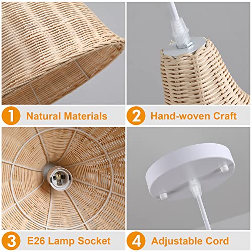 UShe DHome Rattan Pendant Lights Wicker Hanging Lamp Farmhouse Hand-Woven Wicker Pendant Lights, D14.6 Natural Materials Bamboo Hanging Lights for Dining Room Kitchen Island Living Room - Image 6