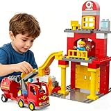 XENQITOYS Fire Station Playset, Fire Trucks for Toddlers 3-5, Firefighter Gifts, Classic Big Building Blocks Compatible with All Major Brand, Firetruck Toys 3-5 Years Old, Fire Station Toys