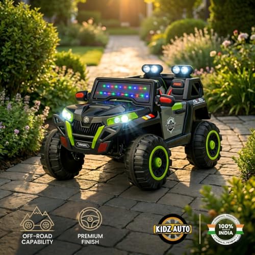 Image of KAB J 2188 Electric Ride-On Jeep for Kids with Remote Control | Rechargeable Battery Toy Car with Music, LED Decorative Lights, Openable Doors, Suspension & Bonnet Lighting | Green