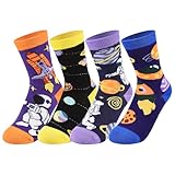 ALANGDUO キッズ ボーイズ 面白い クルーソックス 4足組 クレイジー ノベルティ スペースソックス 男の子 女の子 5~8歳 かわいい 宇宙飛行士 プラネット コットン ソックス カジュアル ドレス ストッキング キッズ 誕生日 クリスマス ギフト