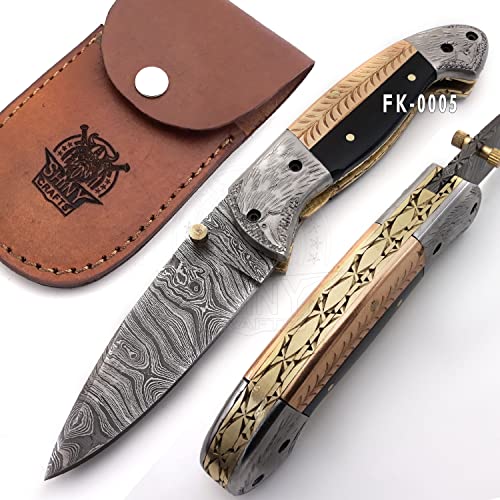 SHINY CRAFTS -Damascus Pocket Knife Knives For Men OTF Knife Survival Knife- Folding Knives - Everyday Carry - PlainEdge - Leather Sheath (FK 05)