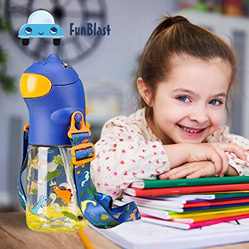 Image of FunBlast Dinosaur Water Bottle for Kids - Cartoon Design Anti-Leak Tritan Sipper for School, 560 ML (Blue)