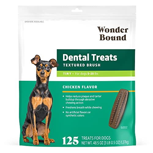 Amazon Brand - Wonder Bound Dog Dental Treats for Tiny Dogs (5-15 lbs), Real Chicken Flavor, Nubbed Texture for Plaque & Tartar Control, Freshens Breath While Chewing, 125 Count (Pack of 1)